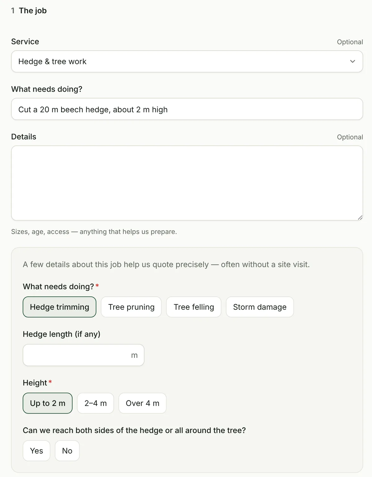 Request form on a demo garden business's website: hedge trimming selected, with questions about hedge length, height and access